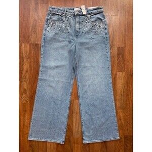 LOFT Wide Leg High Rise Curvy Light Wash Jeans Sz 31 / 12 Rhinestone Embellished